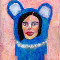 Katie Jeanne Wood - 9x12 Nothing Is What It Seems To Be - Blue girl bear oil pastel drawing