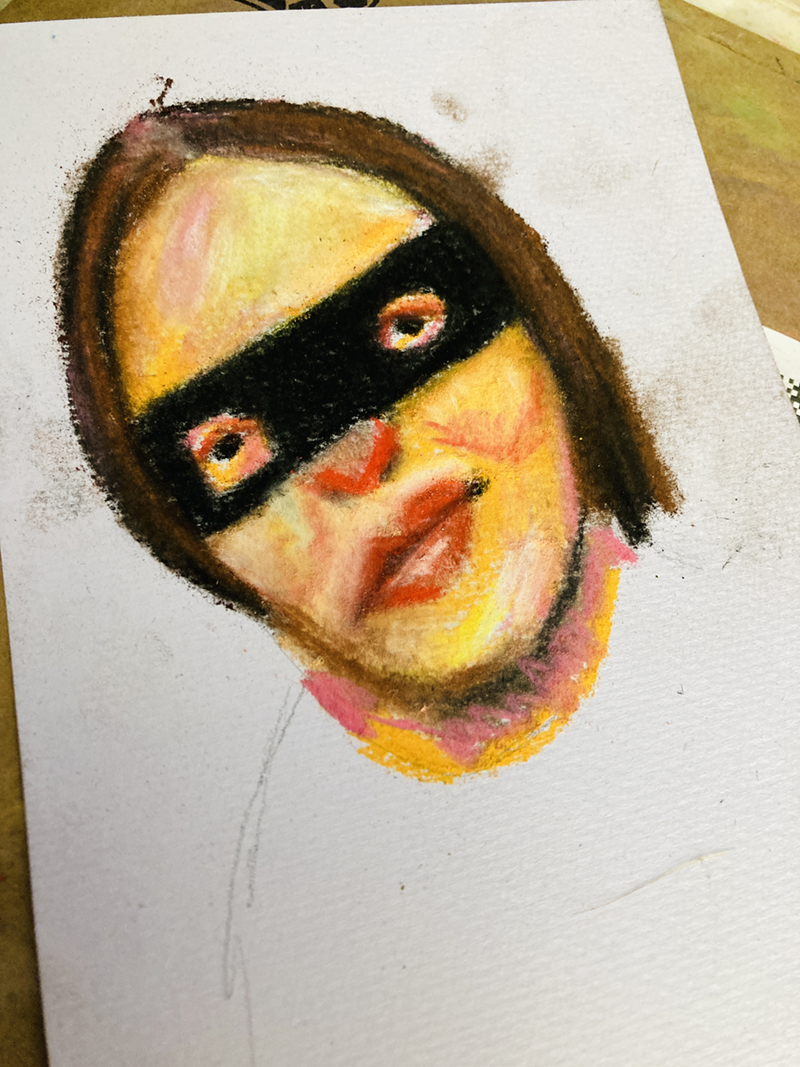 Katie Jeanne Wood - Masquerade mask Conte crayon portrait drawing