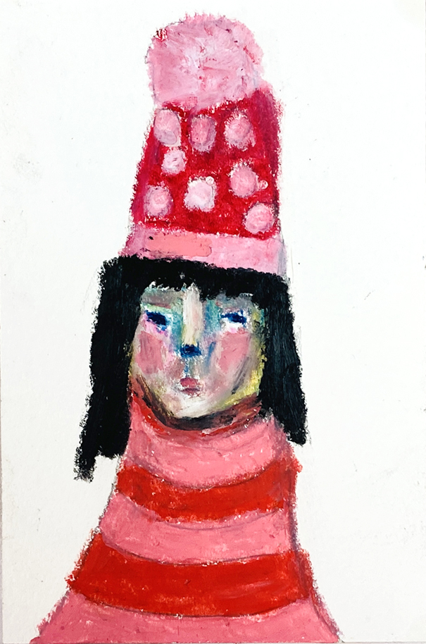 Oil pastel drawing of a girl wearing pink polka dot winter hat.
