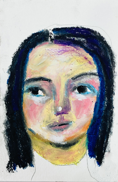 portrait drawing with oil pastels. Naive style art