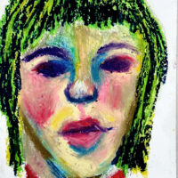 portrait drawing with oil pastels. Naive style art