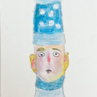 Oil pastel drawing of a boy wearing a blue polka dot winter hat
