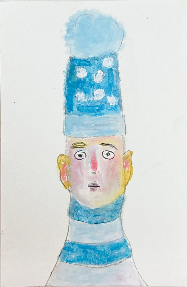 Oil pastel drawing of a boy wearing a blue polka dot winter hat