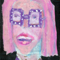 Oil pastel portrait painting of a happy smiling woman wearing purple glasses