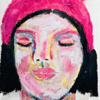 Oil pastel painting of a girl wearing a pink winter pompom hat