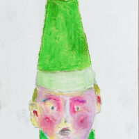 Oil pastel painting of a boy wearing a green winter hat