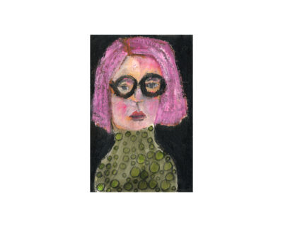 Oil pastel portrait painting of a pink haired girl wearing black glasses