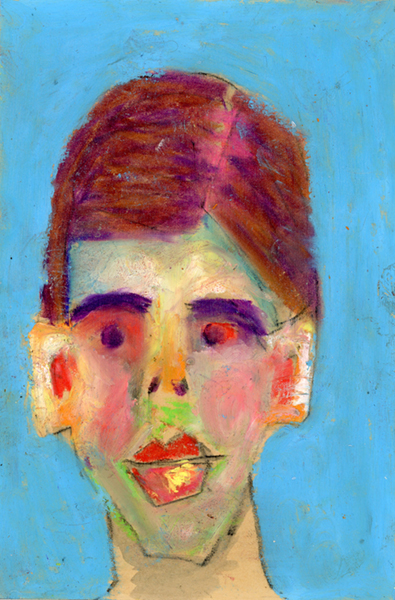 Oil pastel painting of a boy with blue background