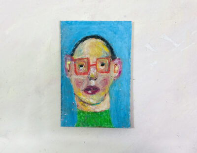 Oil pastel drawing of a man wearing red glasses