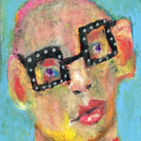 Oil pastel drawing of a man wearing black glasses