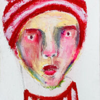 Oil pastel drawing of a person wearing red & white stripes