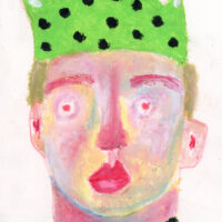 Oil pastel drawing of a boy wearing a green polka winter hat