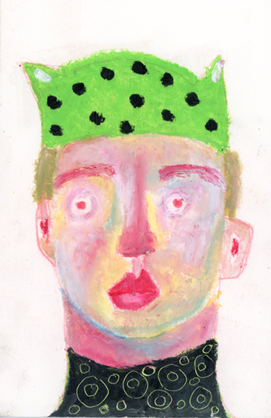Oil pastel drawing of a boy wearing a green polka winter hat