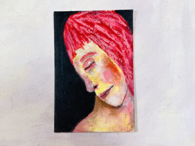 Oil pastel painting by Katie Jeanne Wood - woman with red hair