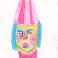 Oil pastel drawing of a girl wearing pink & white striped winter hat
