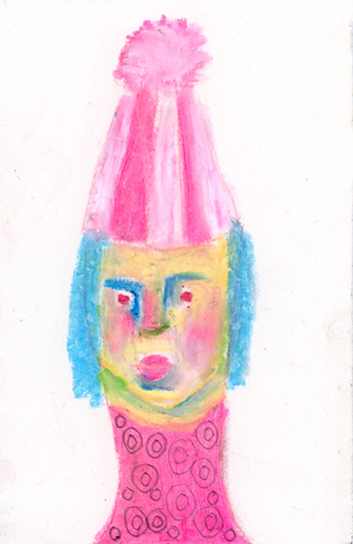 Oil pastel drawing of a girl wearing pink & white striped winter hat