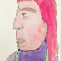 Watercolor portrait painting of a woman with pink hair wearing overalls