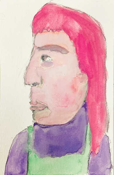Watercolor portrait painting of a woman with pink hair wearing overalls