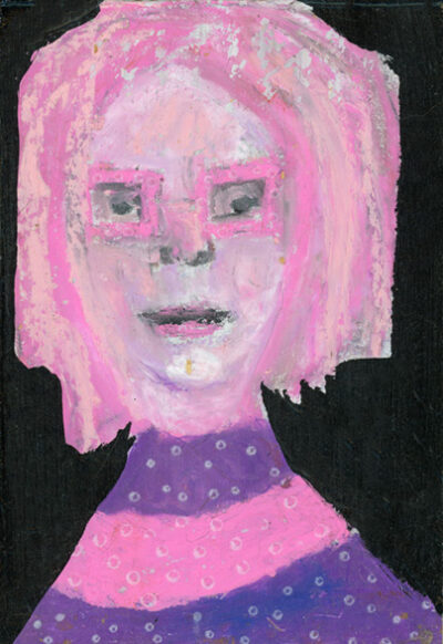 Oil pastel portrait painting of a girl who looks pretty in pink and purple