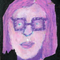 Oil pastel portrait painting of a girl wearing purple glasses