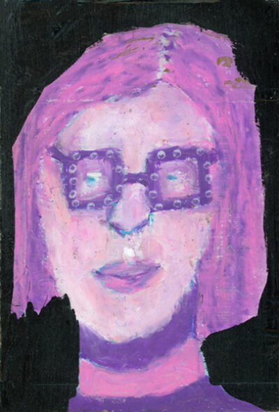 Oil pastel portrait painting of a girl wearing purple glasses