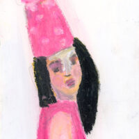 Oil pastel portrait painting of a winter party girl wearing a pink pompom hat