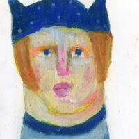 Oil pastel portrait painting of a blonde boy wearing a blue kitty ear hat