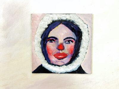 Acrylic mixed media collage portrait painting of a girl with a cold red nose by Katie Jeanne Wood
