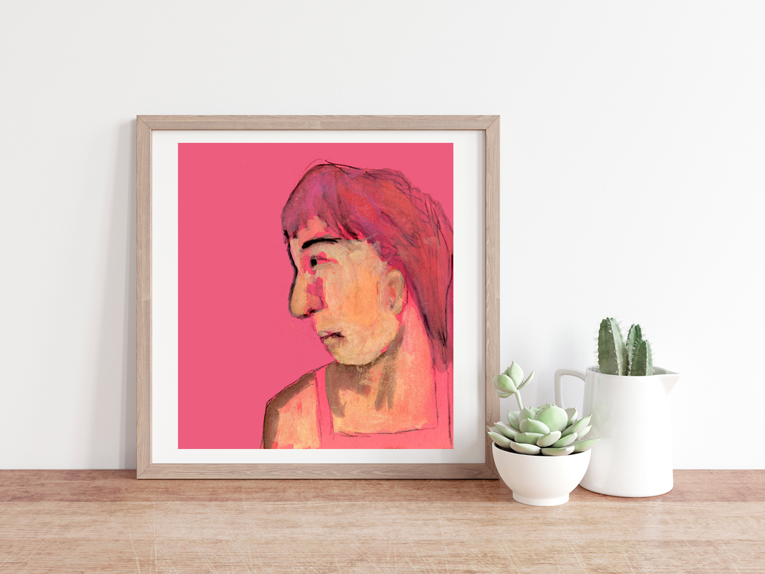 Watercolor painting of a cartoon girl with pink hair