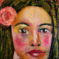 Oil pastel & oil paint portrait painting of a girl wearing a pink rose in her hair by Katie Jeanne Wood