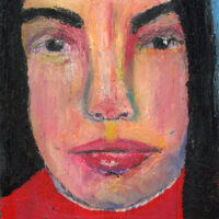 Oil pastel & oil paint portrait painting of a girl wearing red by Katie Jeanne Wood
