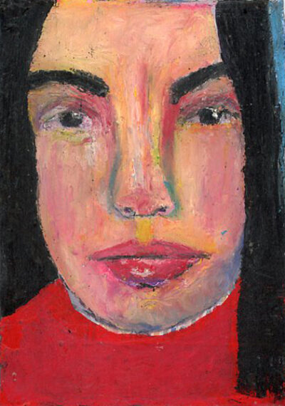 Oil pastel & oil paint portrait painting of a girl wearing red by Katie Jeanne Wood