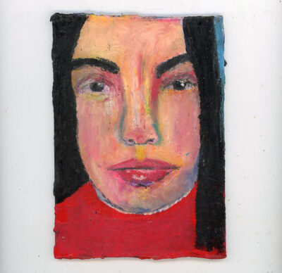 Oil pastel & oil paint portrait painting of a girl wearing red by Katie Jeanne Wood