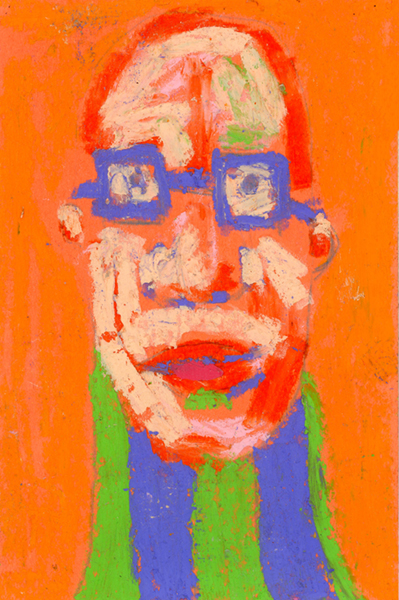 Oil pastel drawing of a man on orange 60 lb construction paper