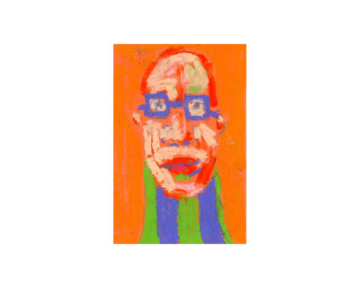 Oil pastel drawing of a man on orange 60 lb construction paper