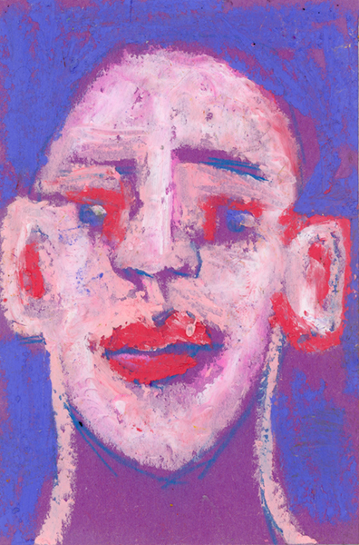 Oil pastel drawing of a man on 60 lb purple construction paper