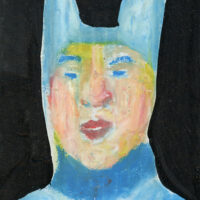Oil pastel man portrait drawing of a man wearing blue bunny ears