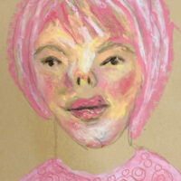 Oil pastel portrait painting of a woman with pink hair