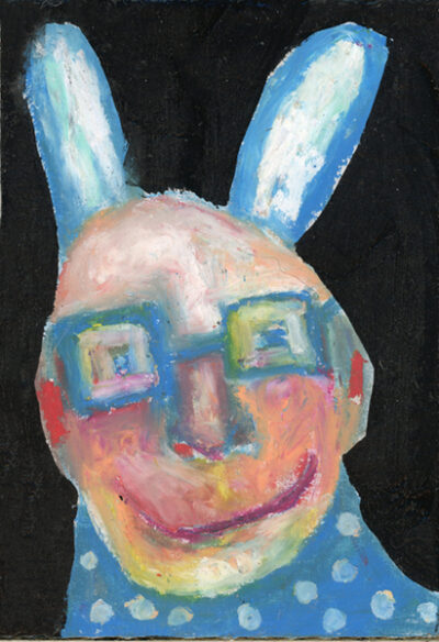 Oil pastel man portrait drawing of a man wearing blue bunny ears