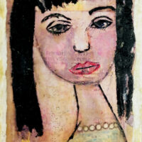 Acrylic mixed media collage portrait painting of a woman wearing pretty pearls