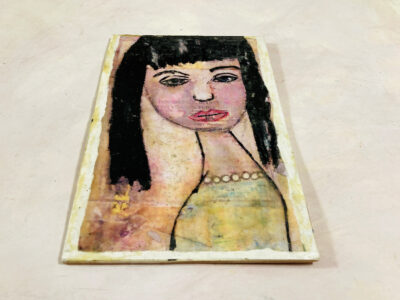 Acrylic mixed media collage portrait painting of a woman wearing pretty pearls