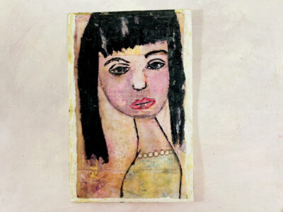 Acrylic mixed media collage portrait painting of a woman wearing pretty pearls