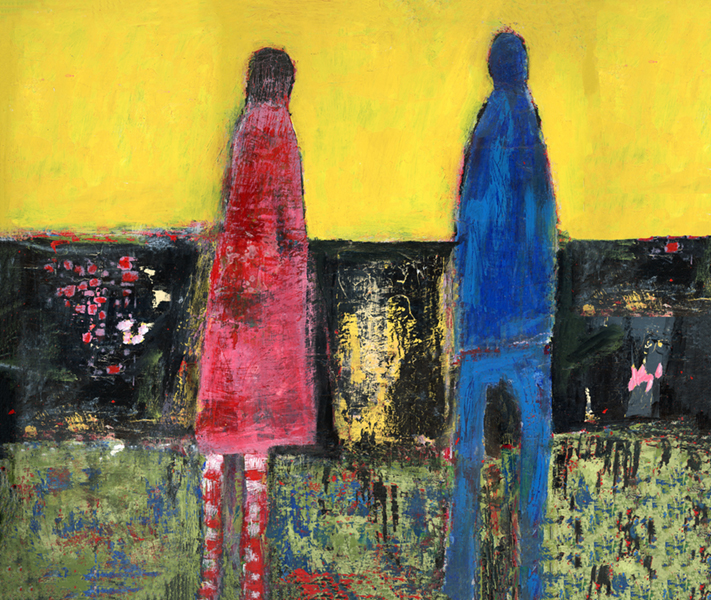 Figure painting of a couple looking toward their bright future ahead