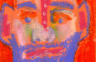 Oil pastel drawing of a man on orange 60 lb construction paper