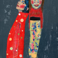Figure painting of two women who rely on each other. They could be best friends or lovers.