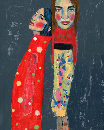 Figure painting of two women who rely on each other. They could be best friends or lovers.