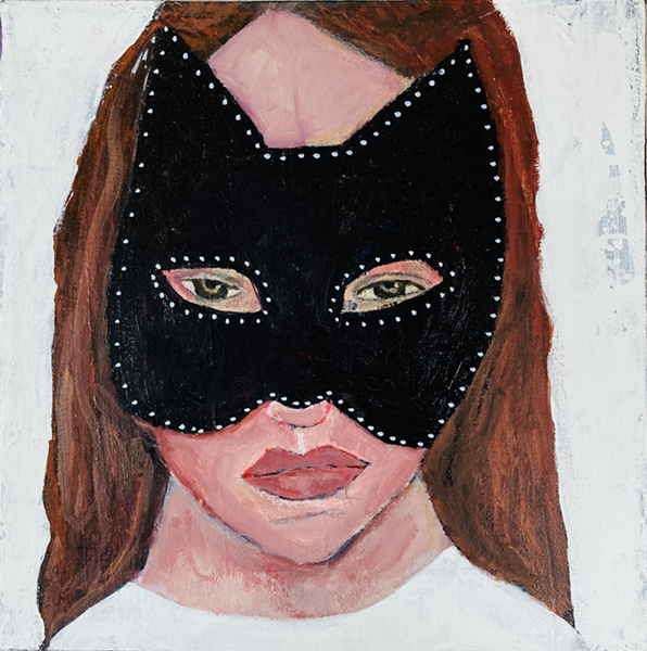 12x12 masquerade mask portrait painting by Katie Jeanne Wood