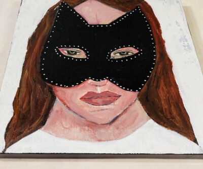 12x12 masquerade mask portrait painting by Katie Jeanne Wood