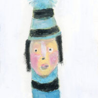 Oil pastel drawing of a person wearing a blue winter hat with pompom