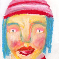 Oil pastel drawing of a person wearing a red winter hat with pompom